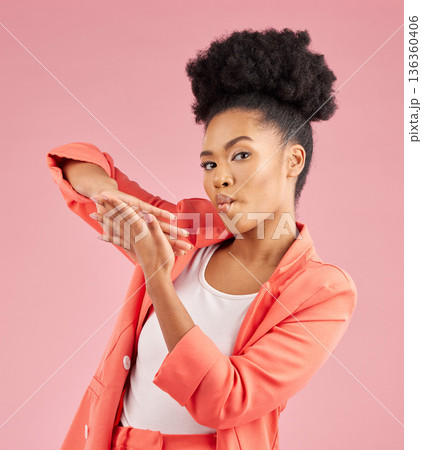 Portrait of black woman, hands and money gesture in studio for wealth, financial success or celebrate bonus prize on pink background. Lottery, celebration or hand sign for spending cash or bills 136360406