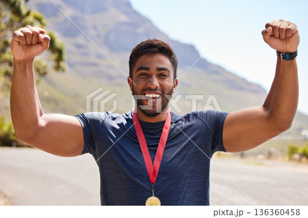 Fitness, winner and portrait of man with medal on mountain for exercise, training and running race. Sports, success and face of excited male runner cheer for competition, challenge and cross country Fitness, winner and portrait of man with medal on mountain for exercise, training and running race. Sports, success and face of excited male runner cheer for competition, challenge and cross country 136360458