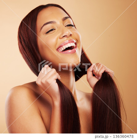 Strong hair, natural beauty and woman with smile, skincare and luxury salon treatment on brown background. Aesthetic, haircut and haircare, happy face of model with cosmetics and makeup in studio. 136360478