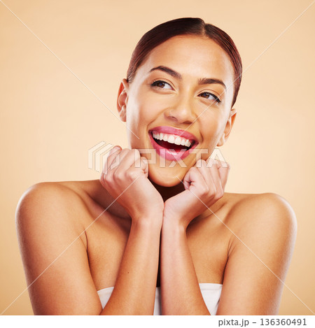 Beauty, skincare and face of happy woman in studio isolated on a brown background. Cosmetic, excited and natural model thinking of facial treatment for dermatology, aesthetic or wellness for health Beauty, skincare and face of happy woman in studio isolated on a brown background. Cosmetic, excited and natural model thinking of facial treatment for dermatology, aesthetic or wellness for health 136360491