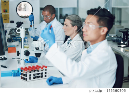 Science, laboratory and team with blood work for doctor research and study in clinic. Lab, analysis and healthcare professional with innovation and investigation for covid test of dna scientist Science, laboratory and team with blood work for doctor research and study in clinic. Lab, analysis and healthcare professional with innovation and investigation for covid test of dna scientist 136360506