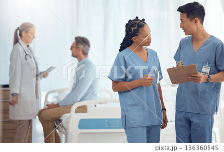 Teamwork, schedule or nurses with checklist in hospital meeting or discussion for collaboration. Results, surgeon or doctors talking or speaking of healthcare research, report data or news in clinic Teamwork, schedule or nurses with checklist in hospital meeting or discussion for collaboration. Results, surgeon or doctors talking or speaking of healthcare research, report data or news in clinic 136360545