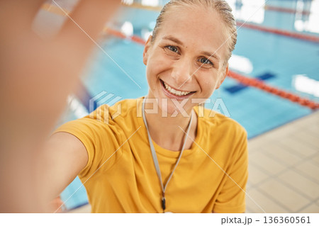 Portrait, swimming pool and selfie of woman, coach and smile for exercise, workout or sports. Face, swim and happy athlete, personal trainer and profile picture for fitness, training and wellness Portrait, swimming pool and selfie of woman, coach and smile for exercise, workout or sports. Face, swim and happy athlete, personal trainer and profile picture for fitness, training and wellness 136360561