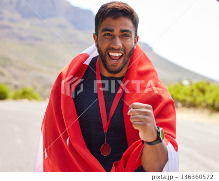 Flag, excited winner or portrait of man with success on road for fitness goal, race or running competition. Proud National champion runner, winning or happy sports athlete with victory glory or medal Flag, excited winner or portrait of man with success on road for fitness goal, race or running competition. Proud National champion runner, winning or happy sports athlete with victory glory or medal 136360572