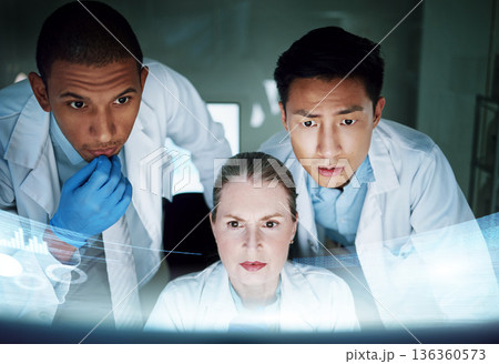 Science, research and team at computer screen hologram, dashboard information and innovation. Scientist thinking, men and woman with holographic info, medical study results or data collaboration. Science, research and team at computer screen hologram, dashboard information and innovation. Scientist thinking, men and woman with holographic info, medical study results or data collaboration. 136360573