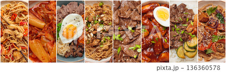 Long horizontal banner Korean cuisine collage variety dishes street food asian 136360578