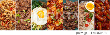 Long horizontal banner Korean cuisine collage variety dishes street food asian 136360580