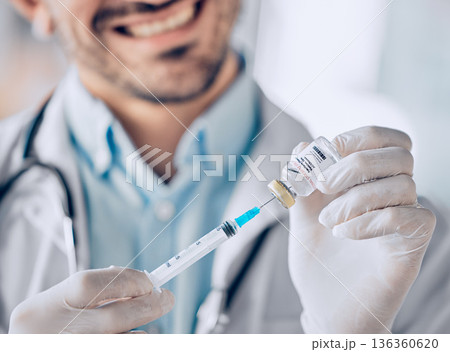 Man, doctor and hands with syringe for vaccine, healthcare or medication for injection at hospital. Closeup of male person or medical professional with needle for dose, diagnosis or drugs at clinic 136360620