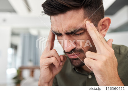 Business man, stress and headache for burnout, debt and confused by mistake, pain and challenge. Face of male employee with anxiety, bankruptcy problem and frustrated with fail, crisis and brain fog 136360621