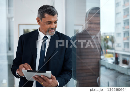 Business, window and senior man with a tablet, thinking and connection with network, inspiration or digital planning. Consultant, employee or entrepreneur with technology, glass or idea for a project Business, window and senior man with a tablet, thinking and connection with network, inspiration or digital planning. Consultant, employee or entrepreneur with technology, glass or idea for a project 136360664