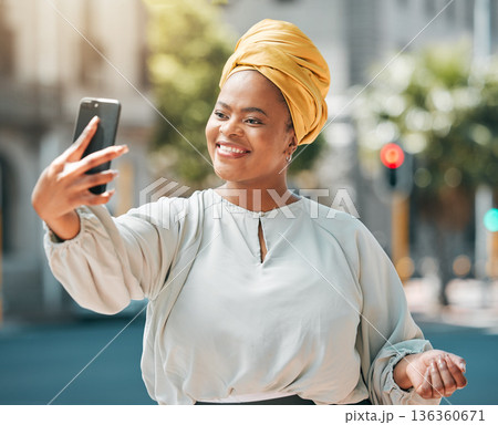 City, business and black woman with a smile, selfie and confident with happiness, memory and profile picture. Female person, professional or happy entrepreneur with joy, outdoor and social media post 136360671