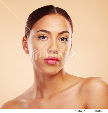Portrait, skincare and woman with beauty, dermatology and makeup against a brown studio background. Face, female person and model with wellness, aesthetic or cosmetics with health, glow and shine 136360695