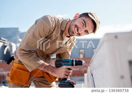 Engineer man, roof and portrait for air conditioning maintenance, smile or building in city for construction job. AC repair, hvac tech and happy technician with drill, tools or industry in Cape Town Engineer man, roof and portrait for air conditioning maintenance, smile or building in city for construction job. AC repair, hvac tech and happy technician with drill, tools or industry in Cape Town 136360738