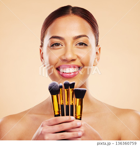 Makeup, brush and portrait of woman with cosmetic beauty product for skincare isolated in a studio brown background. Eyelid, elegant and powder for cosmetology aesthetic, glow and soft skin glamour 136360759