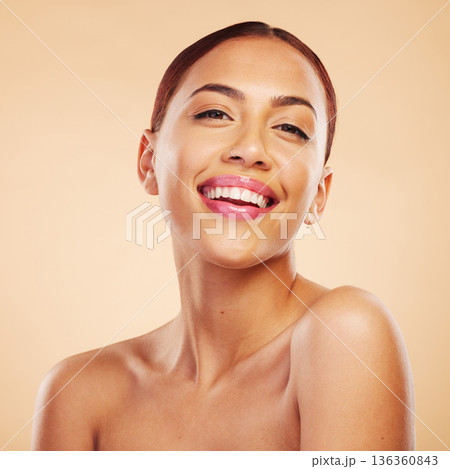 Portrait, skincare and woman with beauty, cosmetics and happiness against a brown studio background. Face, female person and model with makeup, aesthetic and wellness with health, self care and shine 136360843