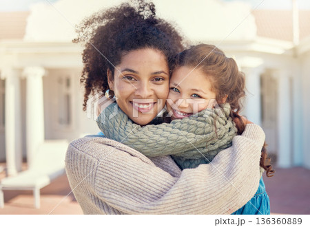 Portrait, happy mother and girl in backyard, hug and bonding together by home. Face, kid and multiracial African mom with foster child, love and care with a smile for quality time outdoor by house Portrait, happy mother and girl in backyard, hug and bonding together by home. Face, kid and multiracial African mom with foster child, love and care with a smile for quality time outdoor by house 136360889