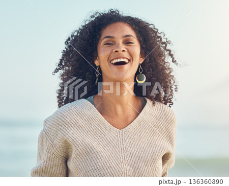 Portrait, African woman and happiness at the beach or holiday, vacation and summer at the sea, ocean in Puerto Rico. Travel, freedom and smile on face for nature, adventure and blue sky mockup Portrait, African woman and happiness at the beach or holiday, vacation and summer at the sea, ocean in Puerto Rico. Travel, freedom and smile on face for nature, adventure and blue sky mockup 136360890