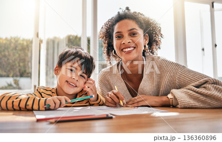 Mom, son child and portrait with homework, smile and helping with support, development and care in family home. Mother, boy kid and happy for learning, education and writing with studying for future 136360896