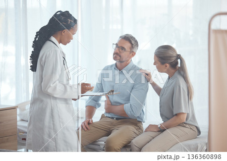 Doctor, couple or people in hospital consultation, medical checkup or healthcare exam, patient diagnosis or health advice. Husband support, clinic assessment or talking surgeon in client conversation 136360898