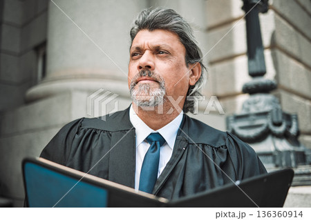 Man, thinking or senior lawyer reading book for research, education or learning the justice system. Judge, advocate or mature attorney studying knowledge or constitution information for a legal court 136360914