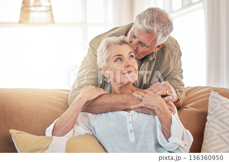 Old couple, hug and kiss with retirement together, love and care in marriage with people at home. Relax in living room, life partner and pension, man and woman bonding with trust and commitment Old couple, hug and kiss with retirement together, love and care in marriage with people at home. Relax in living room, life partner and pension, man and woman bonding with trust and commitment 136360950