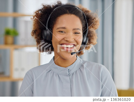 Call center, smile and portrait of woman in office, sales and telemarketing in headset at help desk. Consulting, networking and happy face of virtual assistant, customer service agent or care advisor Call center, smile and portrait of woman in office, sales and telemarketing in headset at help desk. Consulting, networking and happy face of virtual assistant, customer service agent or care advisor 136361020