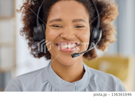 Call center, crm and portrait of happy woman in office, sales and telemarketing in headset at help desk. Consulting, networking and happy face of virtual assistant, customer service agent or advisor Call center, crm and portrait of happy woman in office, sales and telemarketing in headset at help desk. Consulting, networking and happy face of virtual assistant, customer service agent or advisor 136361046