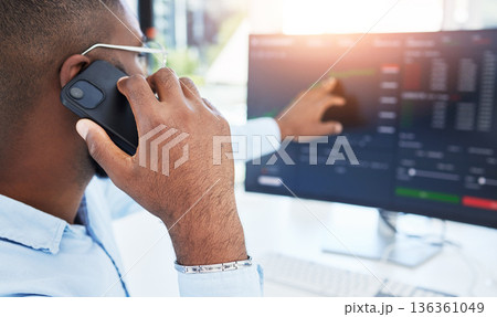 Phone call, stock market or man trading on computer for investment stocks or future profit growth. Screen, crypto network or trader talking or speaking of financial info on online website in office 136361049