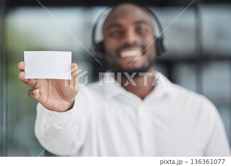 Mockup, business card or salesman advertising space, branding news or information about us. Closeup of call center agent show paper note of promotion, contact to sign up or telemarketing announcement 136361077