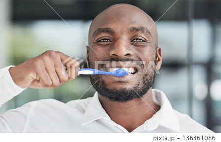Black man, portrait and brushing teeth with toothbrush, dental and health, hygiene and grooming. African male person, face and toothpaste with oral care, orthodontics and routine with fresh breath 136361086