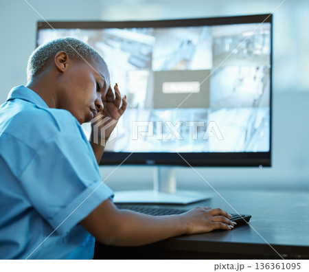 Black woman, police and headache for security surveillance in burnout, stress or overworked at office. Frustrated African female person or officer with bad head pain, anxiety or mistake at workplace Black woman, police and headache for security surveillance in burnout, stress or overworked at office. Frustrated African female person or officer with bad head pain, anxiety or mistake at workplace 136361095
