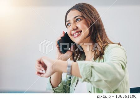 Phone call, watch and woman checking the time in the office while talking on a cellphone. Happy, smile and young female person on a mobile conversation with technology for a schedule in the workplace Phone call, watch and woman checking the time in the office while talking on a cellphone. Happy, smile and young female person on a mobile conversation with technology for a schedule in the workplace 136361100