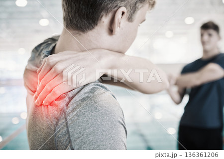 Shoulder pain, man and red overlay for sports injury and inflammation at swimming pool. Massage, male person and back with wellness and exercise issue with athlete after accident and joint bruise 136361206