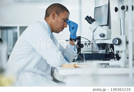 Mental health, headache and lab scientist, man or expert with anxiety, depressed or frustrated with computer 404 error. Science, research fail and person stress over mistake, medical risk or migraine Mental health, headache and lab scientist, man or expert with anxiety, depressed or frustrated with computer 404 error. Science, research fail and person stress over mistake, medical risk or migraine 136361210