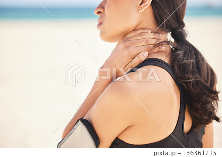 Fitness, neck pain and running with woman on beach for sports injury, inflammation and accident. Emergency, healthcare and mockup with closeup of runner for exercise, physical therapy and workout Fitness, neck pain and running with woman on beach for sports injury, inflammation and accident. Emergency, healthcare and mockup with closeup of runner for exercise, physical therapy and workout 136361215