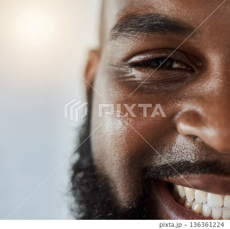 Black man, face and portrait smile with teeth for dental care or hygiene against a studio background. Closeup of happy African male person in tooth whitening, oral or gum and mouth cleaning on mockup 136361224
