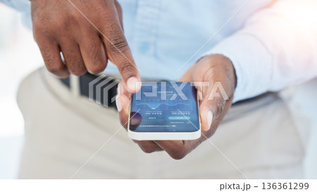 Hands, finance or businessman trading on a phone in stock market or cryptocurrency website in office. Screen, data analysis closeup or financial investor checking online for savings investment growth 136361299