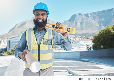 Man, portrait and architecture blueprint for solar energy, construction and project management in Cape Town. Happy african builder, civil engineering and tools with floor plan of photovoltaic grid Man, portrait and architecture blueprint for solar energy, construction and project management in Cape Town. Happy african builder, civil engineering and tools with floor plan of photovoltaic grid 136361320