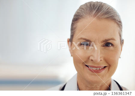 Happy, space and doctor with portrait of woman in hospital for medicine, surgery and future. Healthcare, expert and therapist with face of mature person in clinic for smile, medical and mockup Happy, space and doctor with portrait of woman in hospital for medicine, surgery and future. Healthcare, expert and therapist with face of mature person in clinic for smile, medical and mockup 136361347