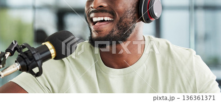 Man, microphone and mouth with headphones and radio DJ, news with communication and closeup of audio equipment. Podcast, technology and multimedia or happy male presenter, hosting show and broadcast 136361371