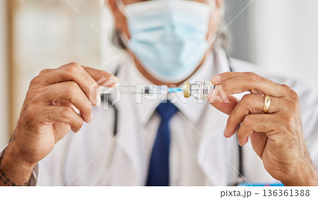 Medical, vaccination and hands of doctor with a needle for a flu, cold or allergy treatment. Professional, injection vial and closeup of healthcare worker with smallpox vaccine syringe in clinic. Medical, vaccination and hands of doctor with a needle for a flu, cold or allergy treatment. Professional, injection vial and closeup of healthcare worker with smallpox vaccine syringe in clinic. 136361388