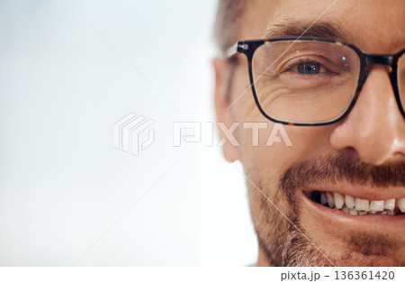 Portrait, mockup and a man in glasses for vision, smile and optometrist with prescription frame lenses. Eye, space and a male optometry customer at the optician, healthcare appointment and eyewear 136361420