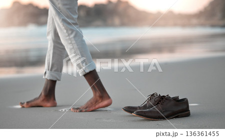 Shoes, feet and beach for business man, freedom and sunset to relax in nature by water after work. Person, ground and ocean with barefoot adventure for holiday, outdoor and steps on sand at dusk 136361455
