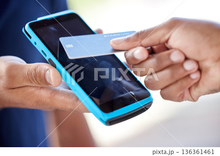 Courier, service and hand with delivery man or credit card in closeup for ecommerce to order with internet. Payment, logistics and purchase with people for online shopping on app with technology. Courier, service and hand with delivery man or credit card in closeup for ecommerce to order with internet. Payment, logistics and purchase with people for online shopping on app with technology. 136361461