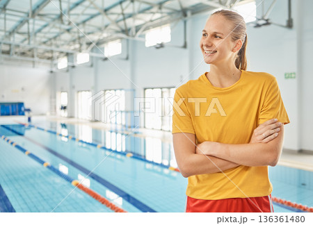 Swimming pool, lifeguard and woman with smile, arms crossed and mockup at water for safety training exercise. Professional sport, workout and swimmer at competition for emergency or first aid support Swimming pool, lifeguard and woman with smile, arms crossed and mockup at water for safety training exercise. Professional sport, workout and swimmer at competition for emergency or first aid support 136361480