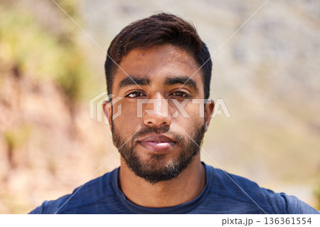 Fitness, man or portrait of runner in training, workout or cardio exercise outdoors on road in summer. Relax, face or healthy Indian male athlete ready to start running with confidence in nature 136361554