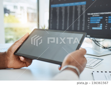 Business, hands and mockup with a tablet, analytics and update software with network, connection and check system. Closeup, technology and computer with internet search, data analysis and programming 136361567