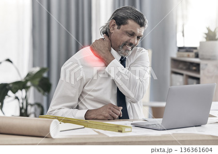 Architect, injury and man with neck pain, stress and accident with health issue, tired and overworked in an office. Fatigue, male person and engineer with body strain, muscle tension and inflammation 136361604
