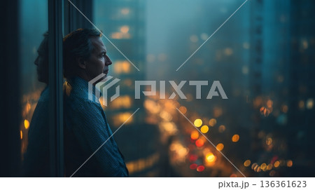 Thoughtful man looks out a window at blurry city lights at night. 136361623