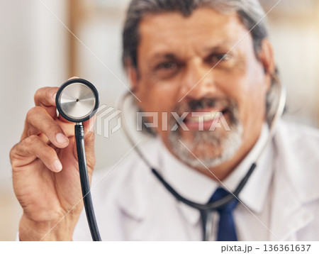 Man, portrait and a doctor with a stethoscope for healthcare, consultation or medical test. Happy, hospital and a mature male nurse or surgeon with gear for a clinic, cardiology or nursing exam Man, portrait and a doctor with a stethoscope for healthcare, consultation or medical test. Happy, hospital and a mature male nurse or surgeon with gear for a clinic, cardiology or nursing exam 136361637